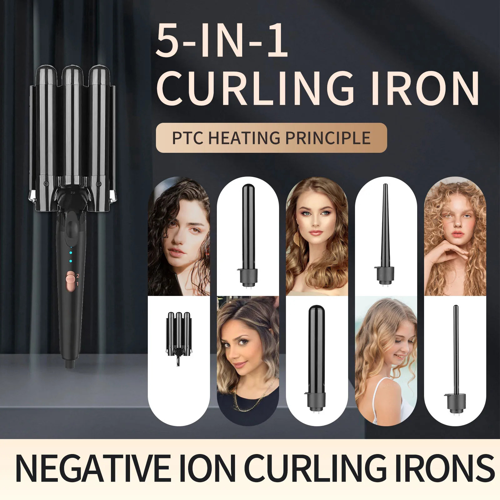 5 In 1 Iron Set With Brush And 4 Interchangeable Ceramic Curling Wand Instant Heat Up Dual Voltage Hair Curler 241223