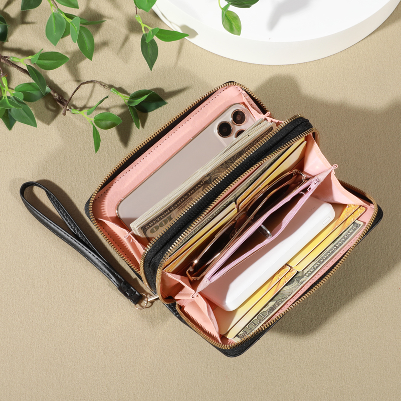 Chic Faux Leather Wallet Double Zipper Security Coin Purse & Card Slots - Fashionable Wristband Clutch For Everyday
