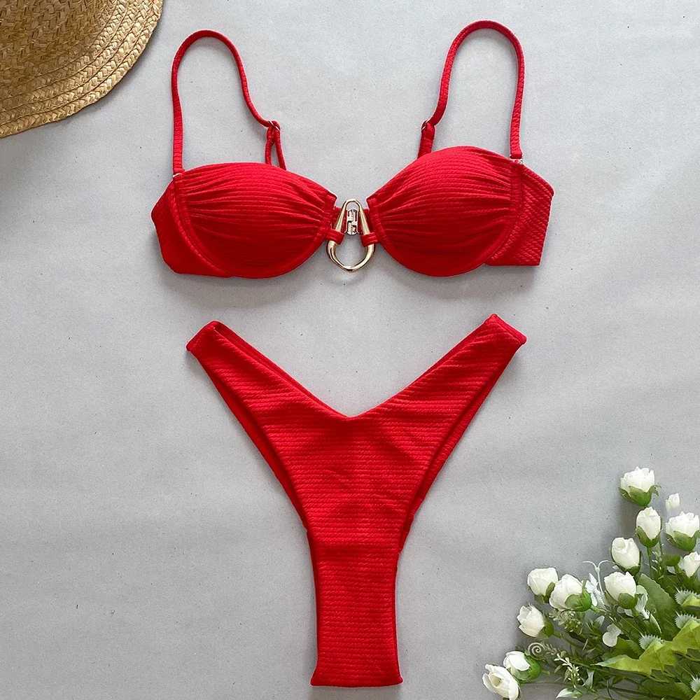 Sexy Red Push Up Bikini 2024 Women Swimwear Wrinkled Underwired Swimsuit High Cut Bathing Suit Metal Ring Bikinis Set BiquinisXJ241223