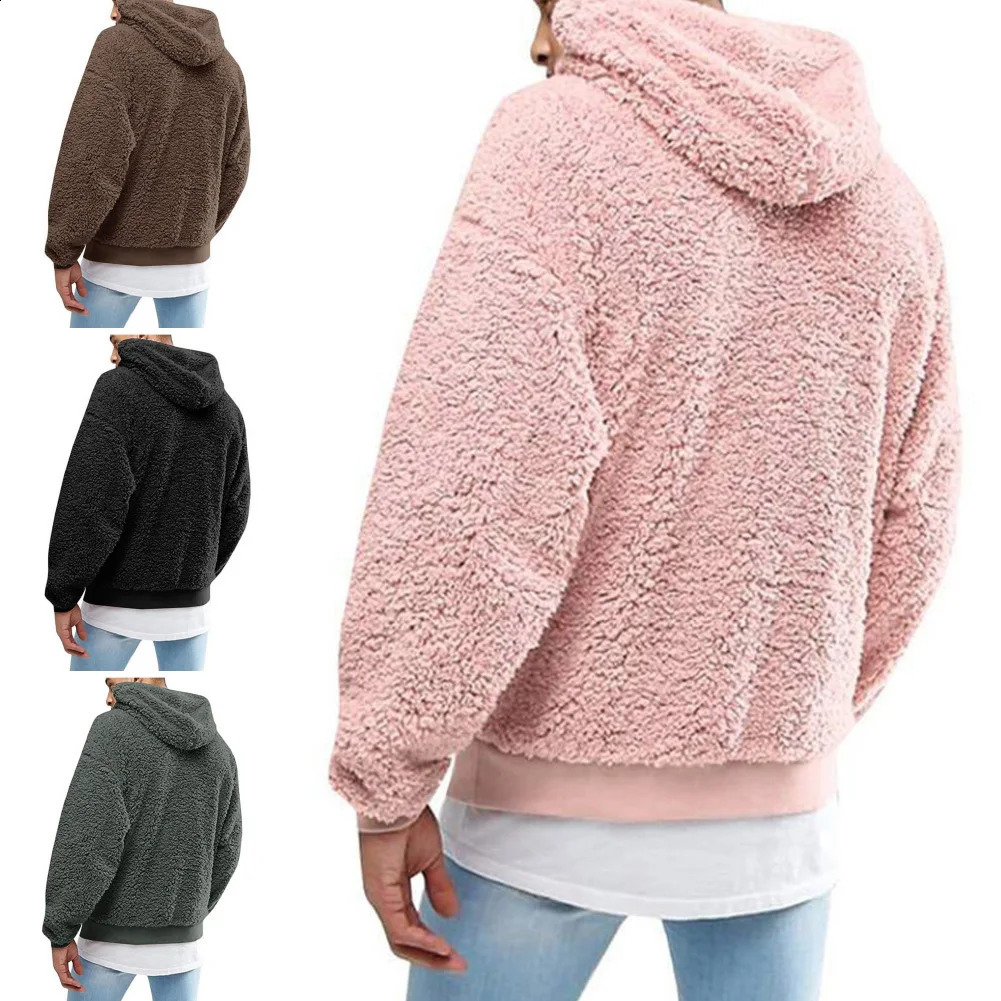 Winter mens solid color fluffy wool hooded jacket with floral insulation sportswear velvet hooded mens sweater 241223