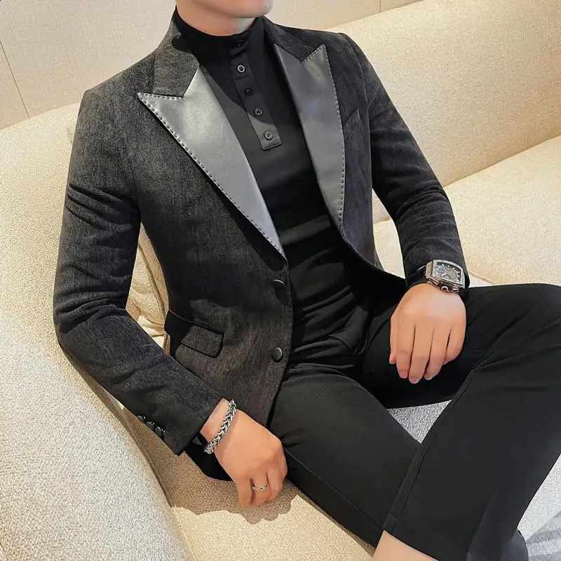 Men Blazer Jackets High Quality Korean Clothing Fashion PU Leather Spliced Collar Blazers Mens Slim Fit Business Coats 241220