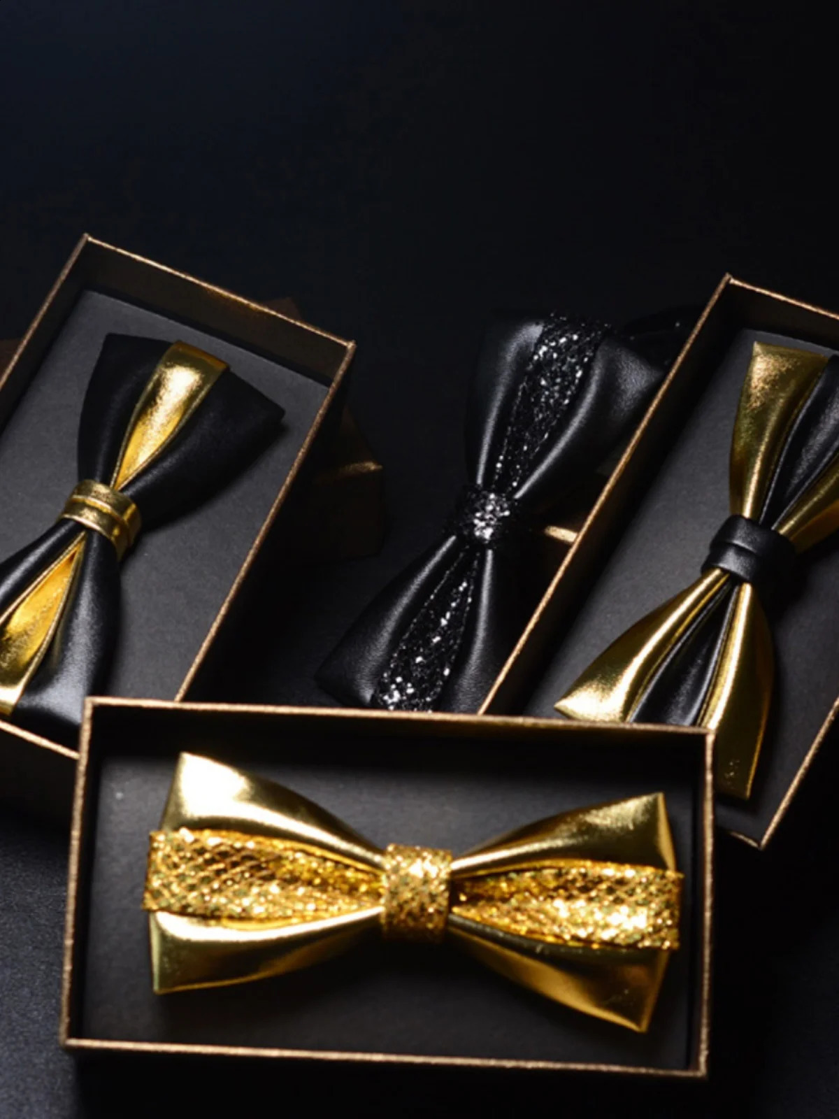 Mens bow PU formal wedding dress gold silver black groom UK Korean bow leather trend solid color 241220