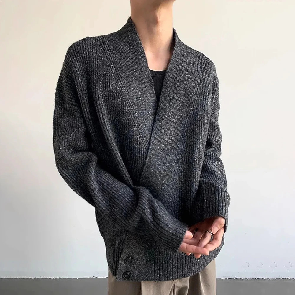 American High Street Fashion Solid Color Sweater Jacket Autumn And Winter Irregular Oblique Button V-Neck Cardigan Sweater Men 241223