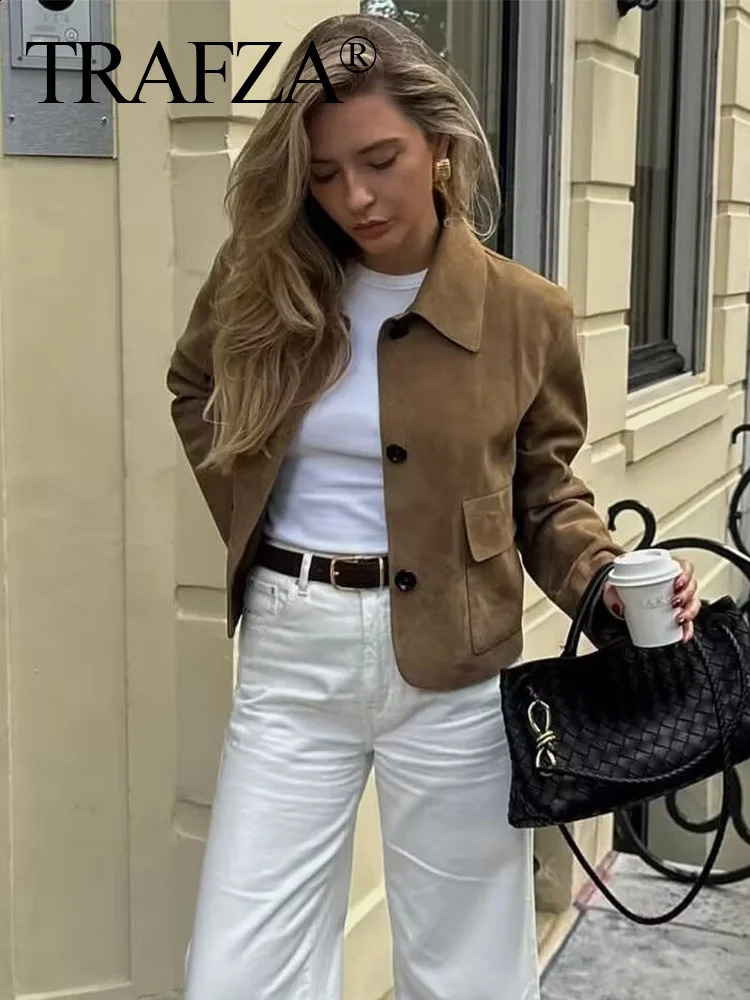 TRAFZA Autumn Women Casual Suede Lapel Jacket Fashion Long Sleeves Crop Coat Pockets Female Chic Single Breasted Outerwear 241223
