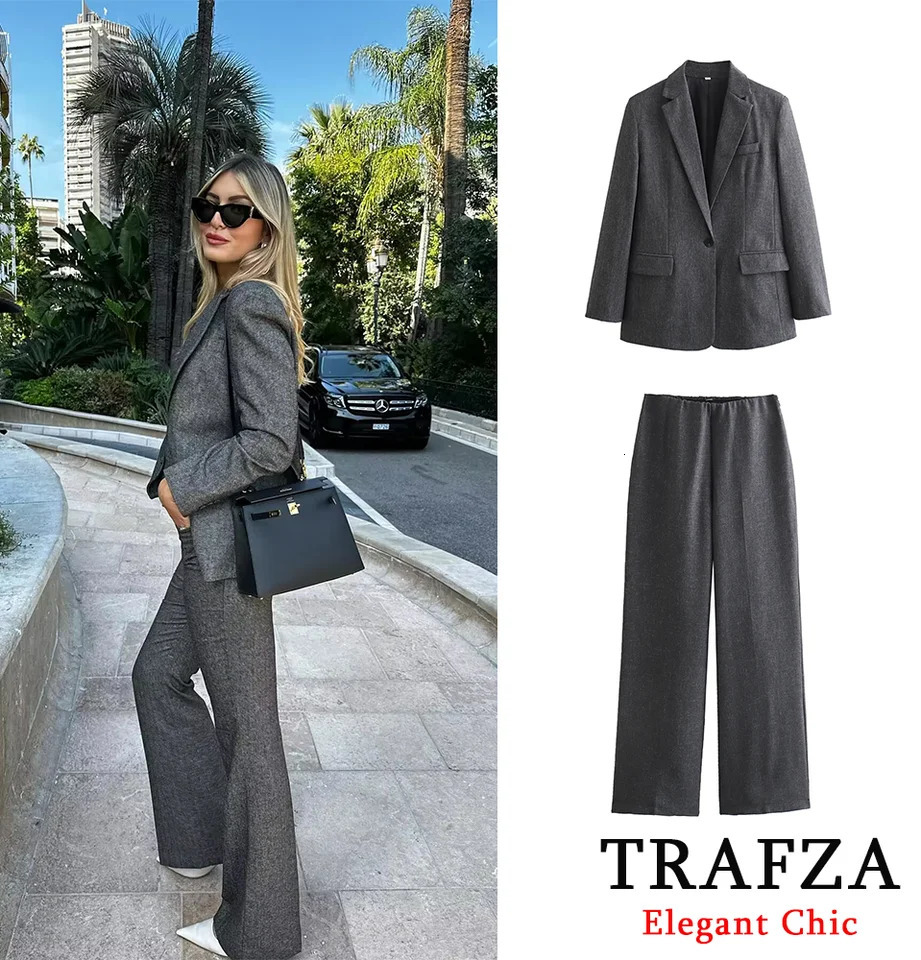 TRAFZA Office Lady Blazer Suit Womens Lapel Single Button Pocket Blazers and Pant Autumn Fashion Blazer Suit 241220