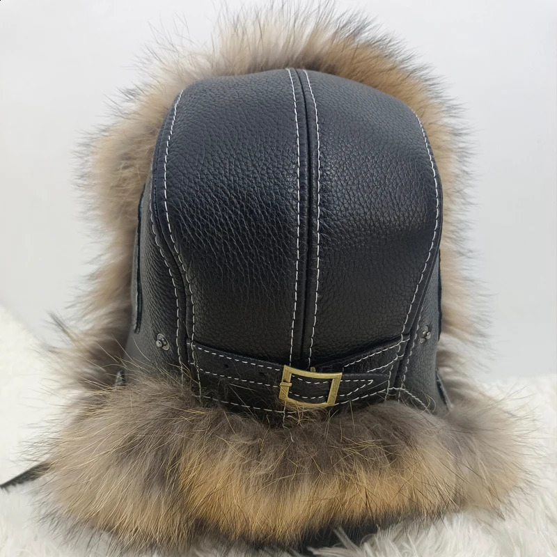 100% Raccoon Fur Natural Color Middle aged Cotton Hat Lei Feng Hat Winter Mens Baseball Hat Full Fur Covered Mens Ski Hat 241220