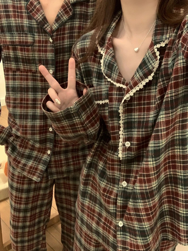 Womens Pajamas Autumn Spring Long Sleeve Soft Sleepwear Set Grid cartoon pyjama Woman Home Nightwear Set Cardigan 241217