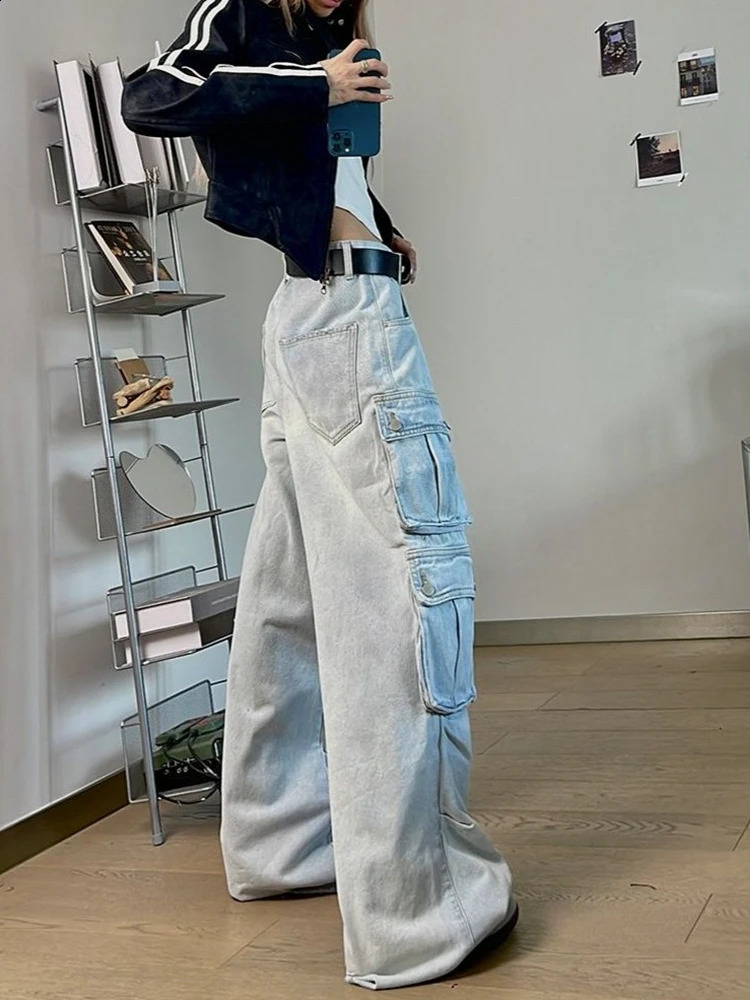 Autumn Winter Multi-Pocket Blue Washed Jeans Cargo Pants Y2k Harajuku Casual Wide Leg Pants American Street Style Baggy Car 241223