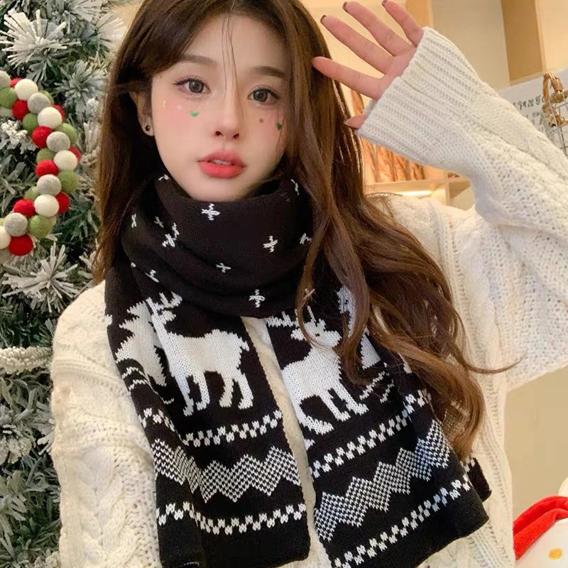 Winter Warm Scarf For Women Men Deer Elk Double-Sided Knitted Scarves Fashion Versatile Woolen Shawl Christmas Present 241223