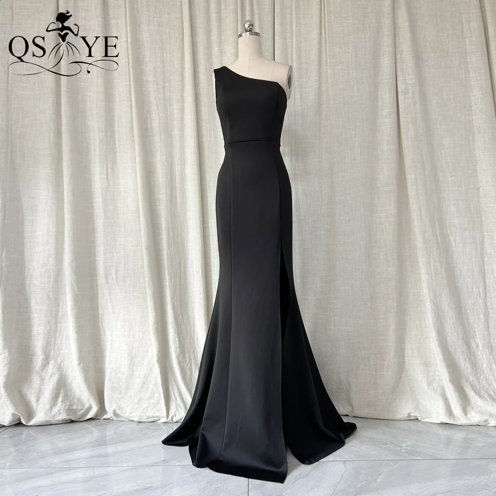 One Shoulder Simple Black Evening Dresses Mermaid Long Prom Gown Sexy Open Split Elastic Satin Plain Women Party Formal Dress 241217