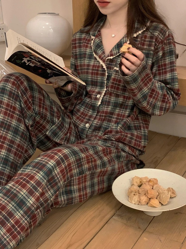 Womens Pajamas Autumn Spring Long Sleeve Soft Sleepwear Set Grid cartoon pyjama Woman Home Nightwear Set Cardigan 241217