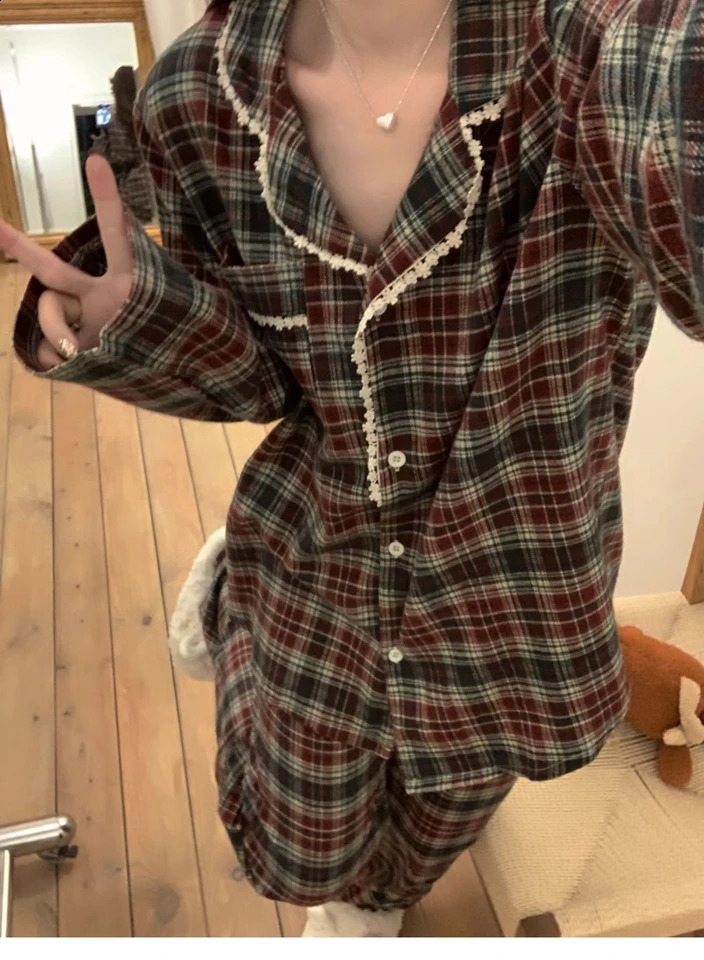 Womens Pajamas Autumn Spring Long Sleeve Soft Sleepwear Set Grid cartoon pyjama Woman Home Nightwear Set Cardigan 241217