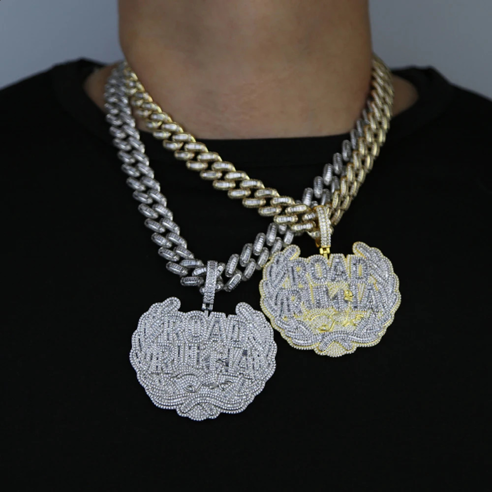 CZ Letter Road Runna Pendant Necklace Iced Out Cubic Zirconia Badge Charm With 14MM Cuban Chain Men Hip Hop Jewelry 241220