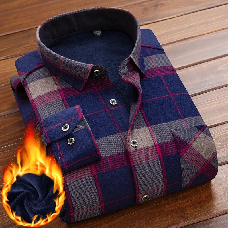 Winter Long Sleeve Men Plaid Flannel Thick Casual Shirt Slim Fit Men Cotton Formal Warm Fleece Shirt camisas de hombre 241223