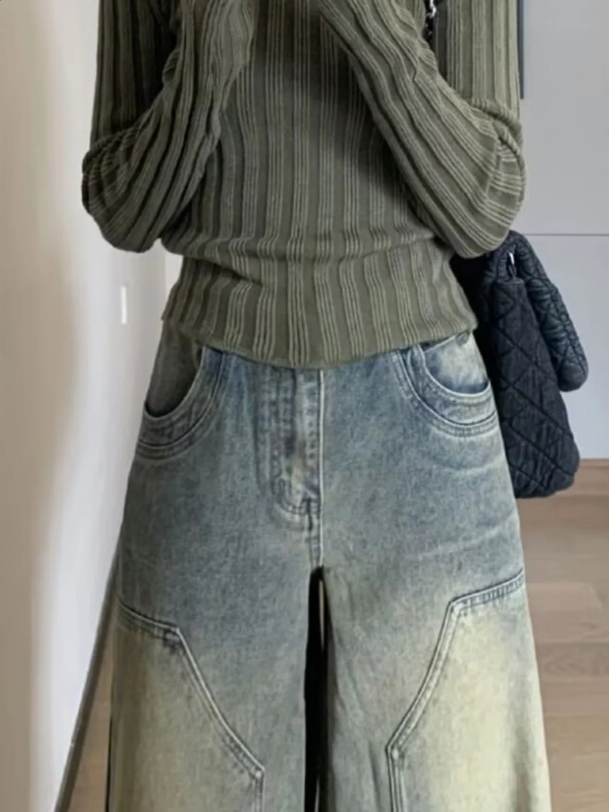 Blue Womens Jeans High Waist Vintage n Hip Hop Straight Baggy Denim Pants Street Y2K American Style Wide Leg Trouser 241218