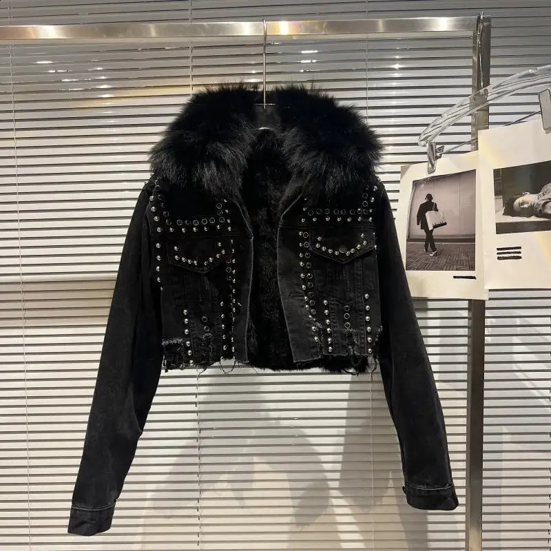DEAT Winter Arrival Fox Fur Collar Rivet Liner Denim Jacket For Women High Street Single-breasted Short Coat 11A01605 241220