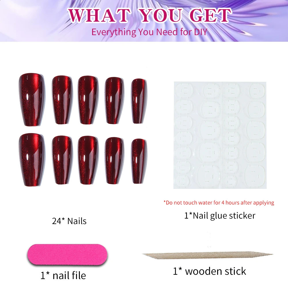 24pcs long false nail cherry color ballet nail sexy simple cats eye bright press on nail reusable suitable for women 241223