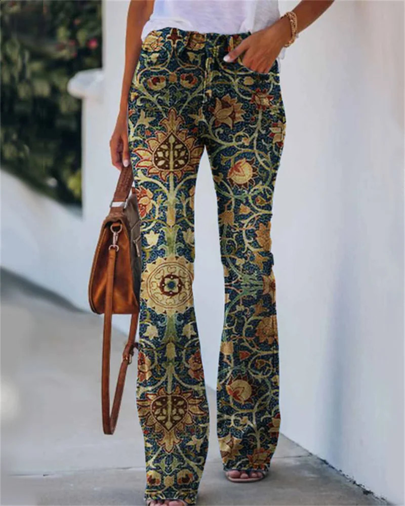 retro 3D printed n bell bottom pants for women fashionable high waisted slim fit straight leg jeans 241218