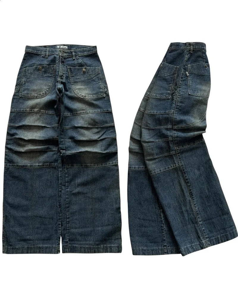 Y2K American Fashion Pocket Washing Old Baggy Jeans Women Streetwear Vintage Hip Hop Pop Gothic High Waist Wide Leg Pants 241223