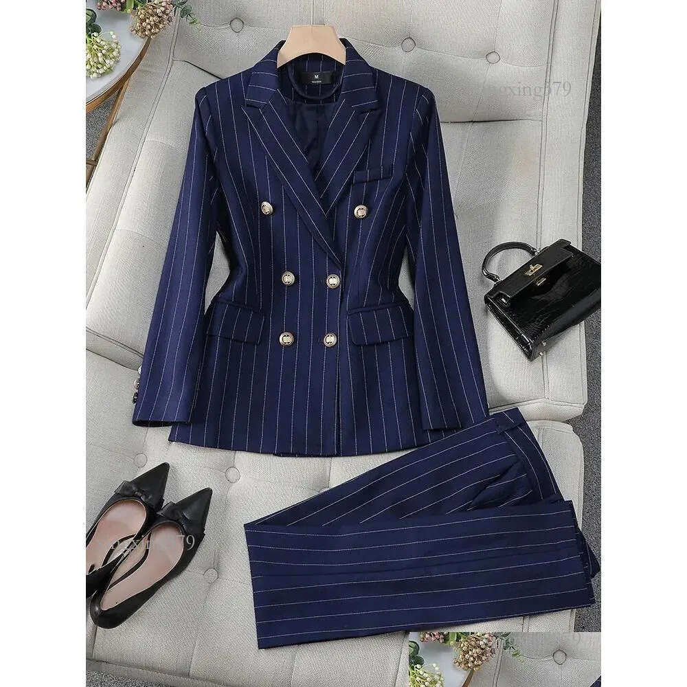 Women'S Suits & Blazers Womens Fashion S-8Xl Office Ladies Formal Pant Suit Set Women Blue Striped Female Business Work Wear 2 Piece Dhoxz