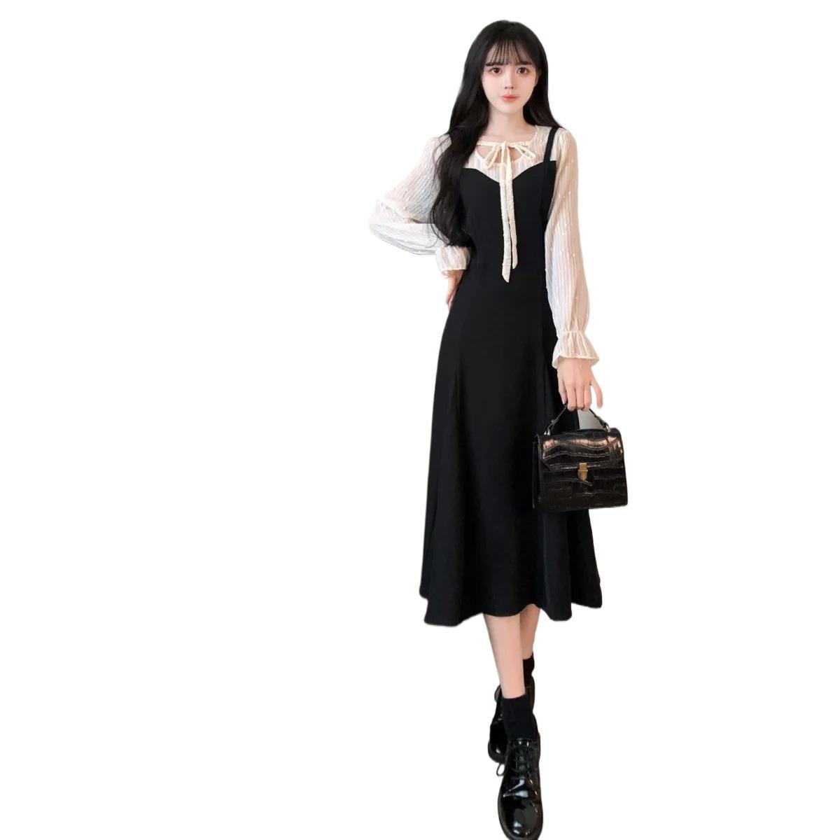 G1912 dress autumn and winter new French style fake two-piece bottoming skirt retro design little black skirt