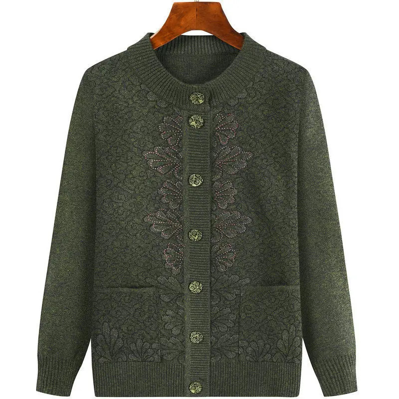 Middleaged Grandma Autumn knitting cardigan jacket Fashion Loose Longsleeve Pocket Sweater Coat Singlebreasted Warm Outwear 241220