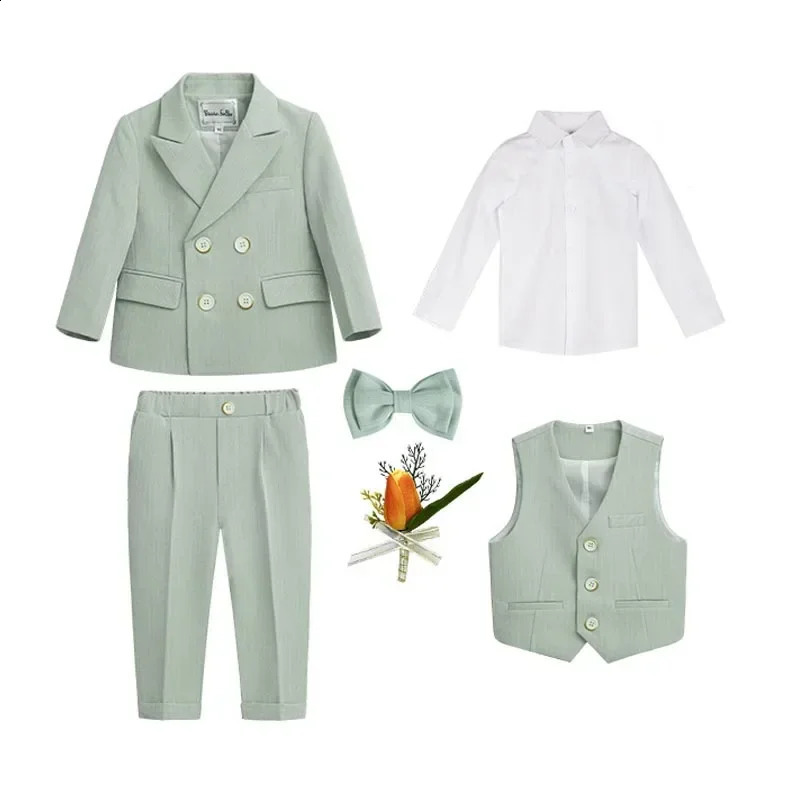 Boys Birthday Blazer Set Spring Toddler School Uniform Outfits Green Handsome Flower Child Wedding Costume 2 3 4 6 8 Years 241223