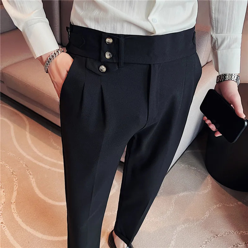 British Style Pants Men High Waist Belt Casual Slim Formal Office Dress Pant Men Social Wedding Party Dress Suit Trousers i241223