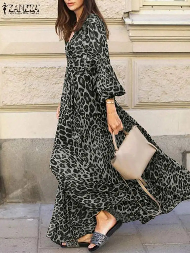 Vintage Women Long Sleeve Leopard Dresses ZANZEA Autumn Sundress Fashion Maxi Long Dress Party Vestidos Female V Neck Print Robe 241223