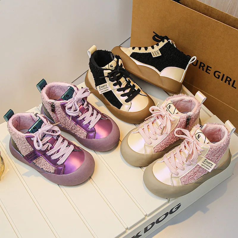 Fashion Purple Black Lambswool High Top Sneakers for Kid Girls Casual Plush Short Boots Boys Winter Warm Furry Sport Shoes 241223