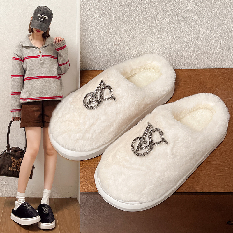 Baotou Hairy Cotton Versatile Autumn And Winter New Warm Home Bright Diamond Slippers Fashionable Women's Shoes For Wearing Outside