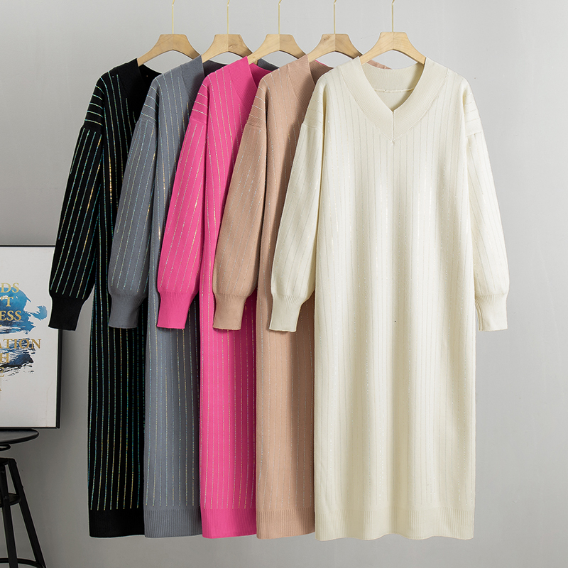 Spring Long Sleeve Party Midi For Women V Neck Elegant Sweater Dresses Ladies Slim Waist Knitted Dress