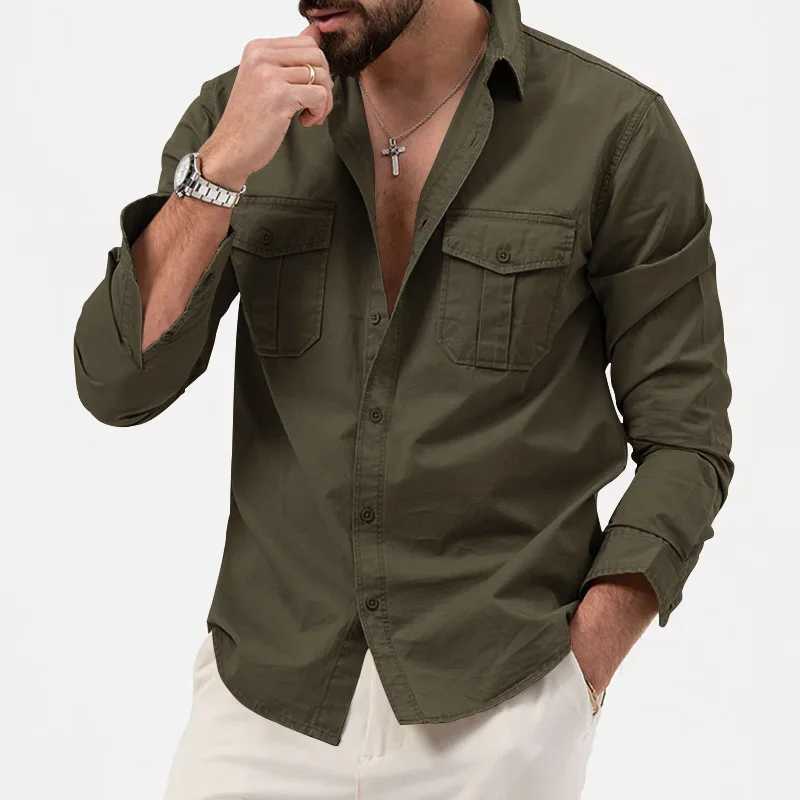 Mens cargo shirt long sleeved casual hiking nylon outdoor work shirt military style spring pocket button mens shirt W241223