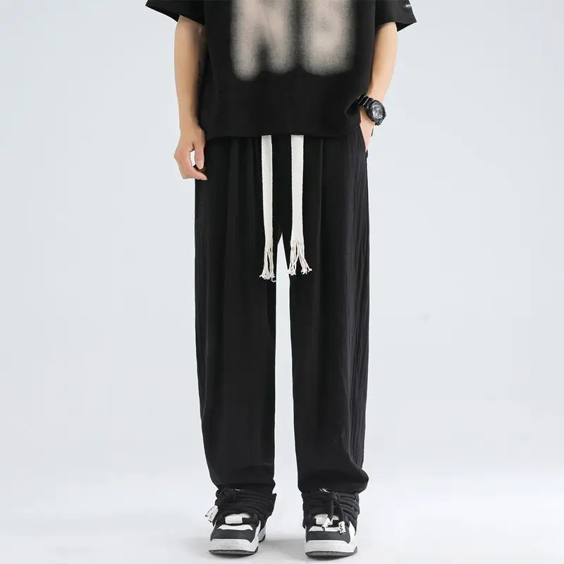 Japanese retro solid color cotton linen wide leg lantern pants mens fashion loose straight tube Versatile sports and leisure 241219