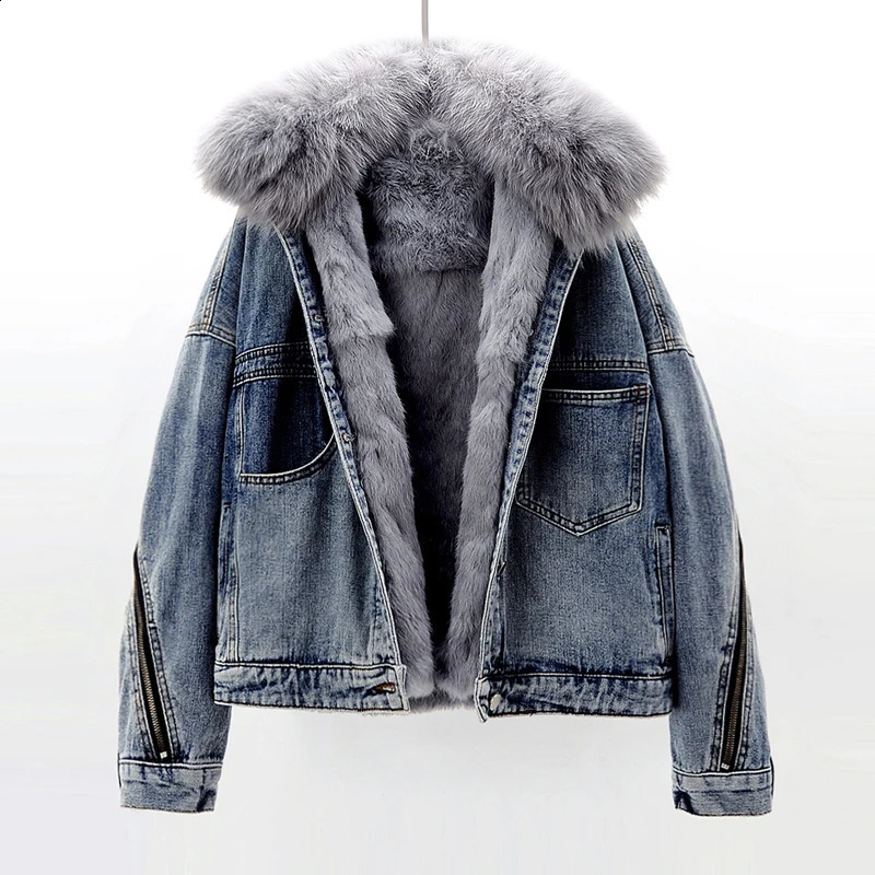 Winter Thick Natural Fox Fur Collar Rabbit Fur Denim Jacket Women Black Blue Cow Outerwear Loose Short Jeans Jackets Female 241220