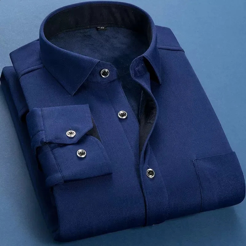 Autumn Winter Men Fleece Warm Shirt Fashion Solid Long Sleeve Business Shirt Plaid Thick Warm Shirts NS5517 241223