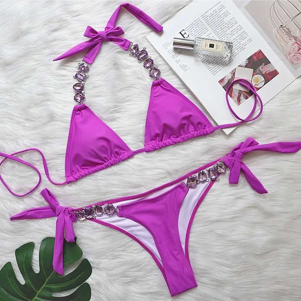 Women Sexy Bikini 2022 Purple Crystal Rhinestones Glitter Diamond Gems Swimsuit Halter Bandage Push Up Swimwear Bathing SuitXJ241223