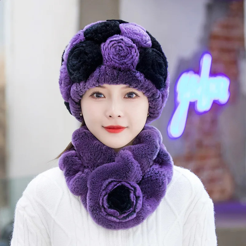 Women Winter Fur Hat Scarf Sets Natural Warm Real Rex Rabbit Fur Cap Scarves Lady Knitted Genuine Fur Hats Muffler 241214