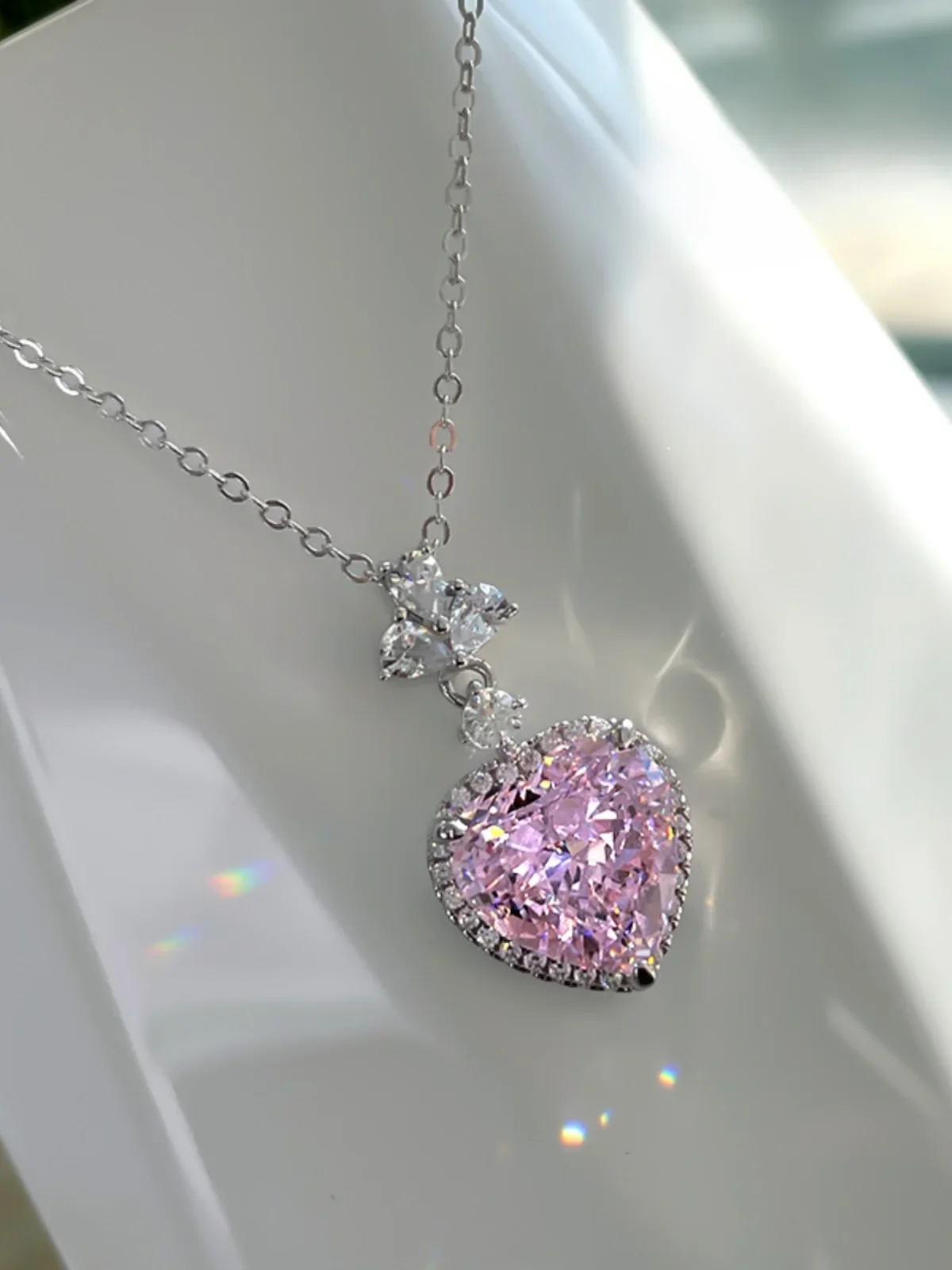 Cherry blossom pink diamond necklace light and high-end pure silver 925 heart-shaped high carbon diamond ice flower cut 241220