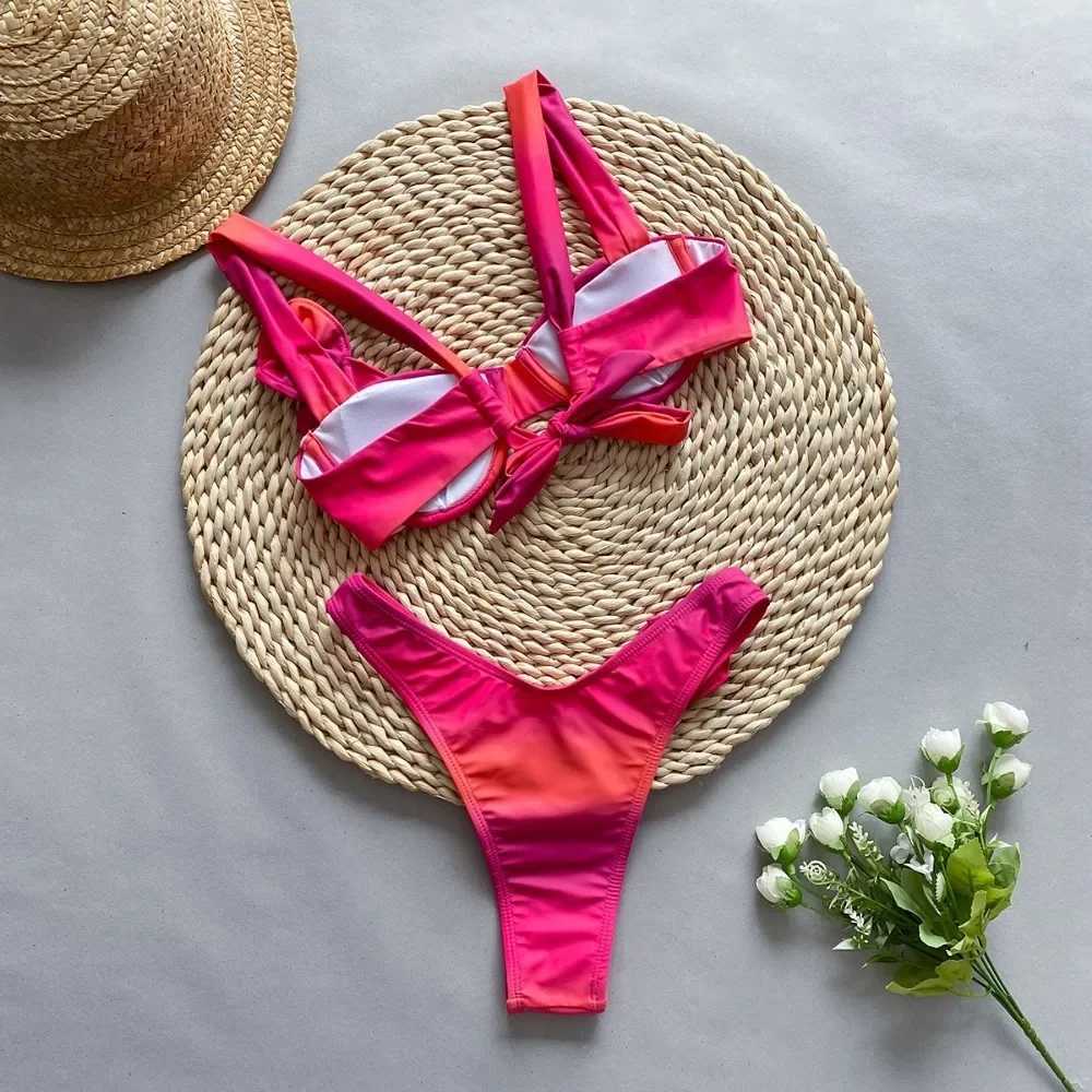 Sexy Flower Shiny Pink Push Up Bikini 2024 Women Swimwear Underwired Swimsuit High Cut Bathing Suit Wrinkled Bikinis Set BiquiniXJ241223
