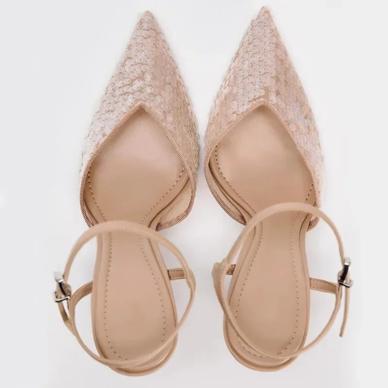 Mesh Thin high Heeled Sandal Sexy Pointed Toe Bling Pumps Beige Open Heel Ankle Strap Wedding Party Shoes 241213