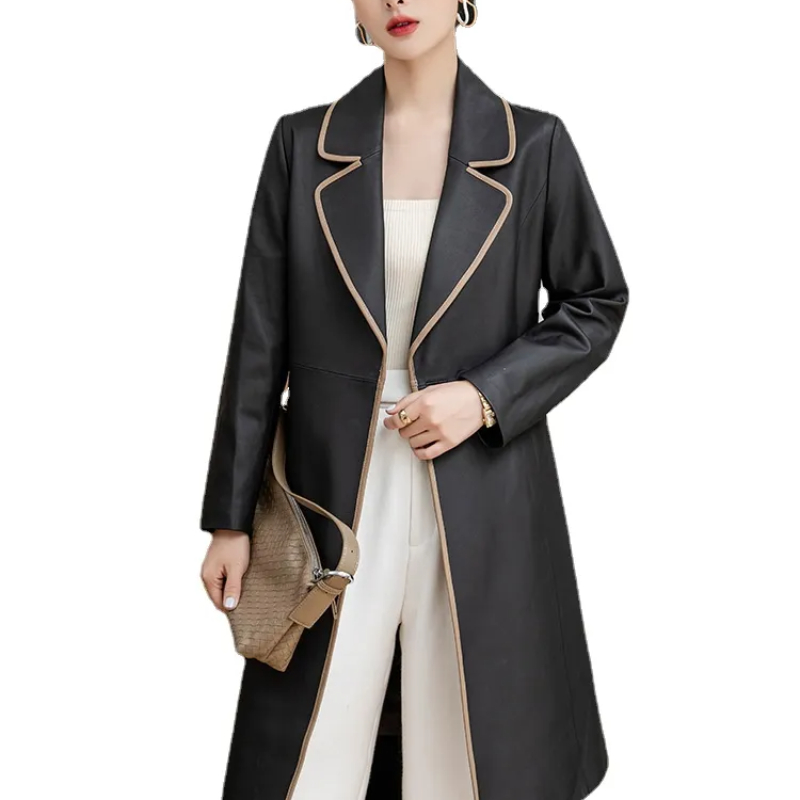 Autumn Winter Womens Sheepskin Long Coat Lace Up Windbreaker Genuine Leather Coat Mid Length Overcoat