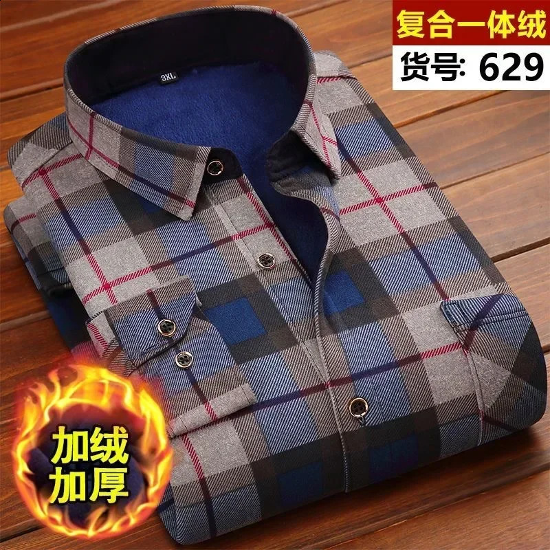 Autumn and Winter Mens Fashion Casual Plaid Long-Sleeved Shirt Mens Plus Fleece Thickened Warm High-Quality Shirt 241223