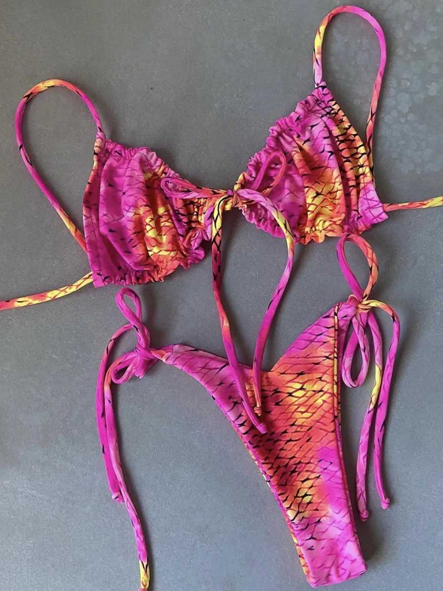 Sexy Printed Ruffled Frilled Thong Bikini Women Swimwear Female Swimsuit Two Pieces Bikini set Micro String Bathing Suit SwimXJ241223