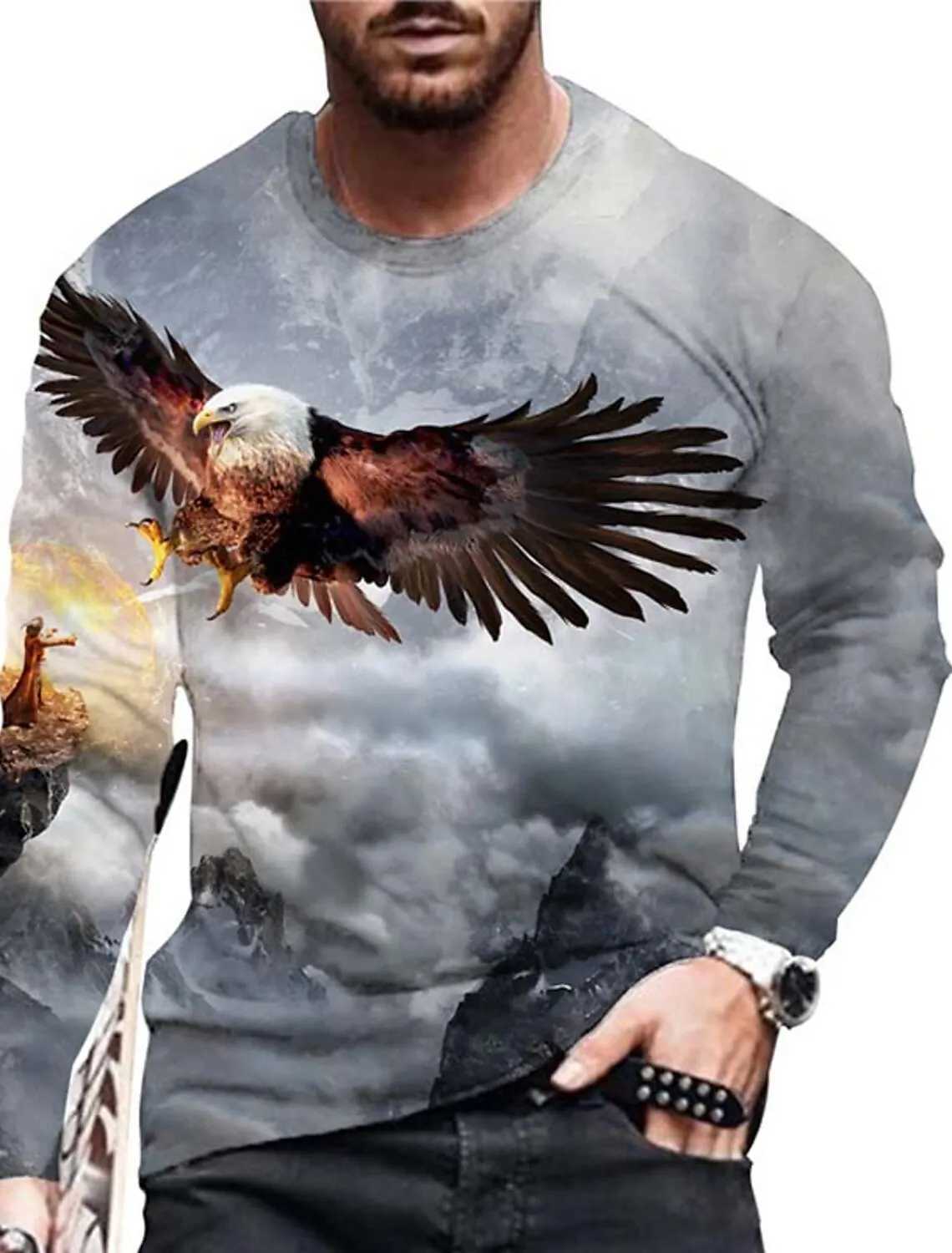 Retro mens long sleeved eagle pattern 3D printed outdoor street long sleeved sports fashionable long sleeved casual oversized top M241223