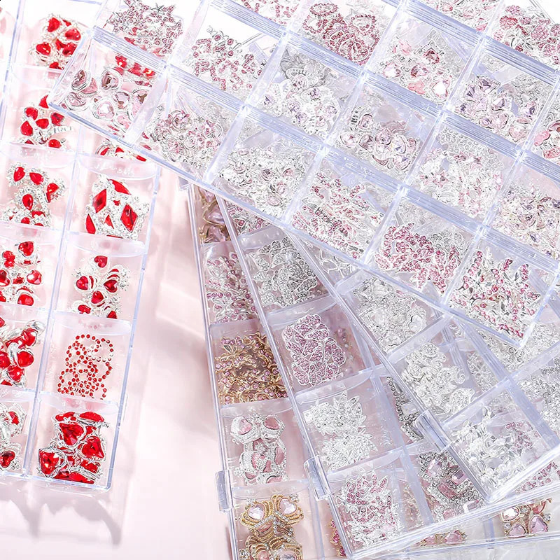24 Grids Mix Style Heart Butterfly Cherry Planet Stars Gun Nail Art Y2K Charms Nail Rhinestones Crystal Decorations Accessories 241220