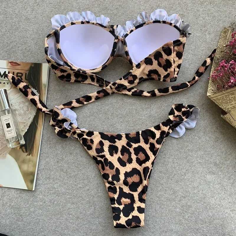 Leopard Print Ruffled Edge Swimwear Bandeau Push Up Bikinis Sets Sexy Swimsuit Women Micro Thong Bathing Suit Bikini 2024 MujerXJ241223