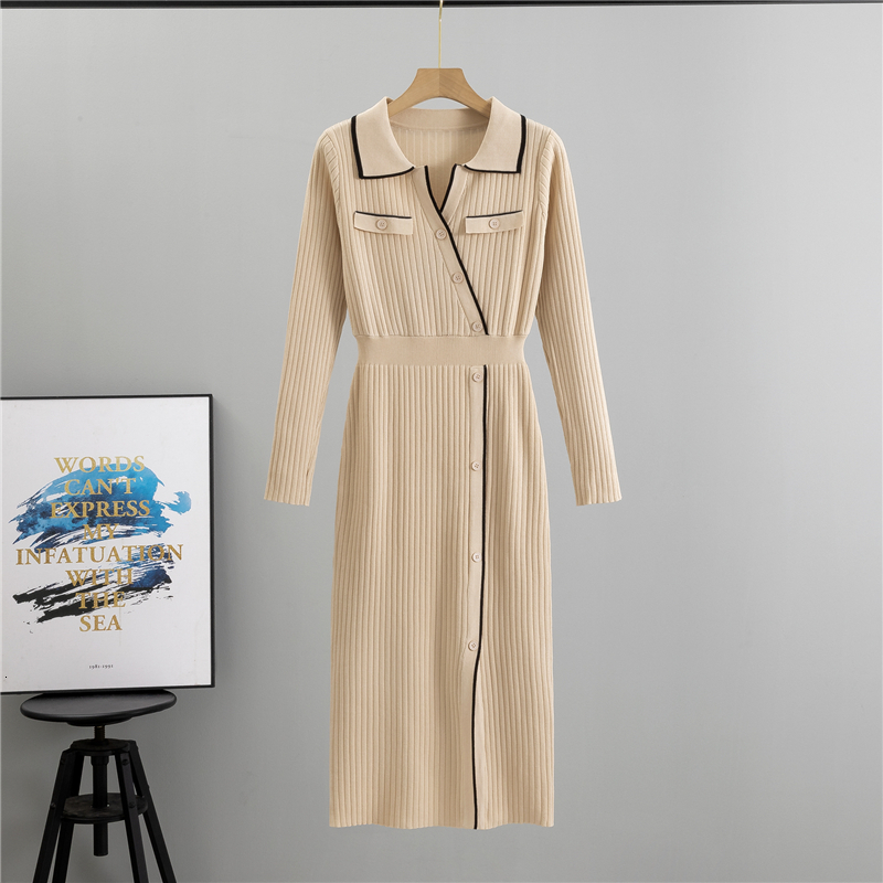 new Autumn New Women's Knitted Fashion Flip Collar Single Breasted Long Sleeved Slimming Temperament Dress