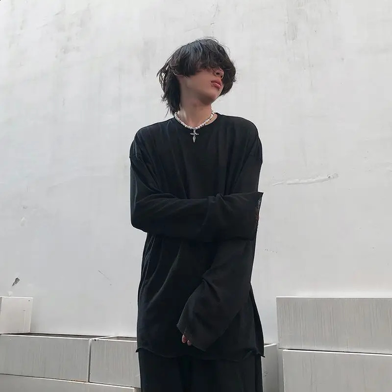 Hip hop high street men and women trendy personality simple round neck long sleeved couple loose retro casual T-shirt base top 241223