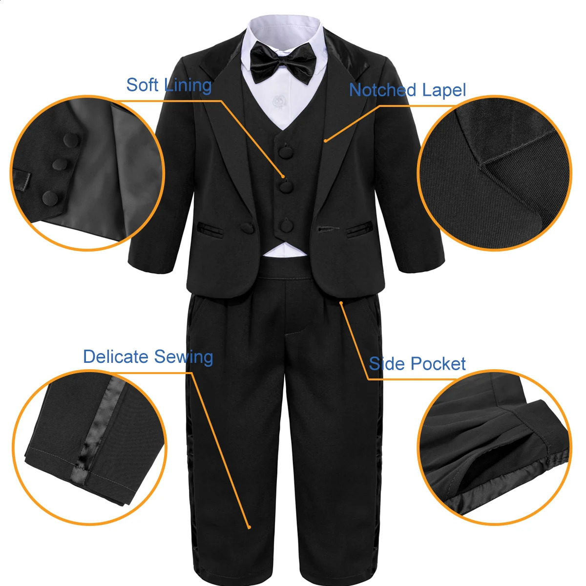Black Tuxedo for Baby Boy Infant Wedding Suit Toddler Birthday Party Gift Outfits Christening Baptism Easter Year Costume 241223